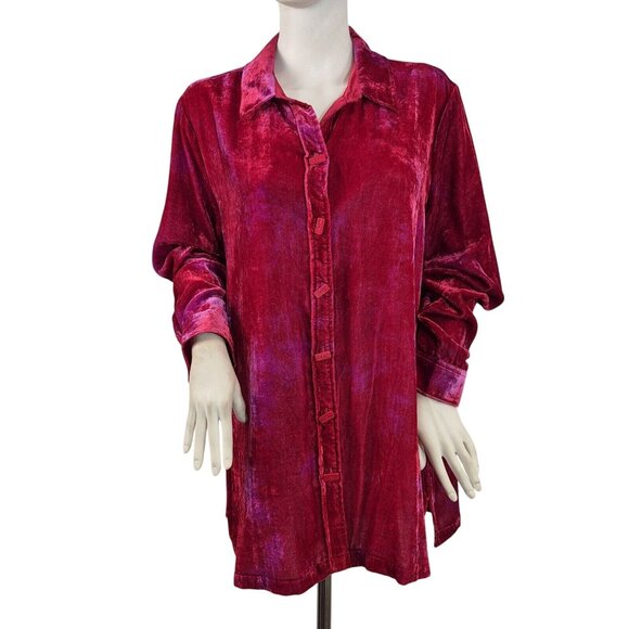 John Mark Women's Shirt Size L Red Pink Velvet Long Sleeve Button  Tunic 44 - Picture 1 of 12